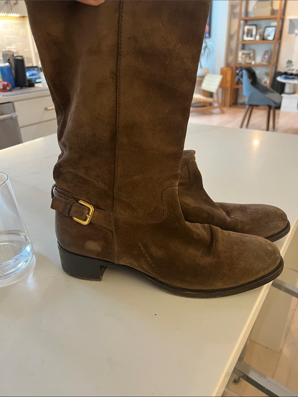 Prada Brown Suede Mid-Calf Buckle Heeled Boots